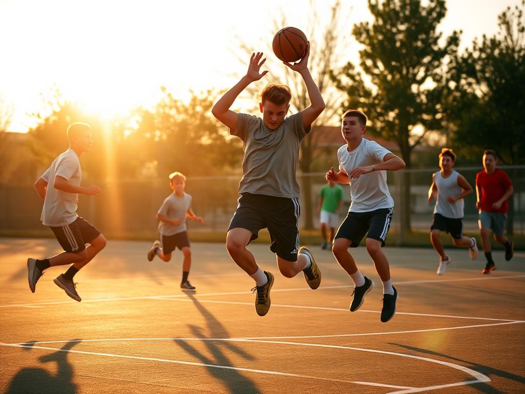 Young athletes playing sports outdoors in golden sunlight