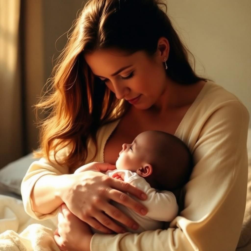 Mother breastfeeding her baby in warm golden light