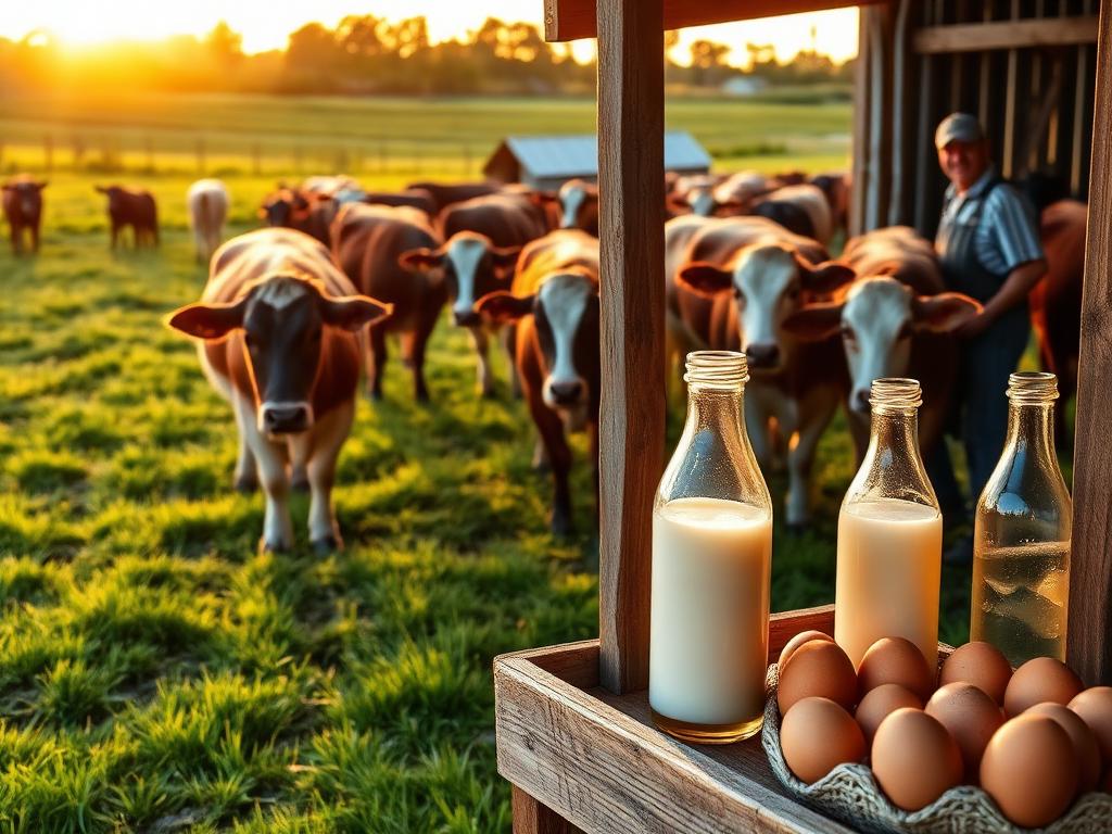 Grass-fed cattle on pasture with raw milk and fresh eggs at a farm stand