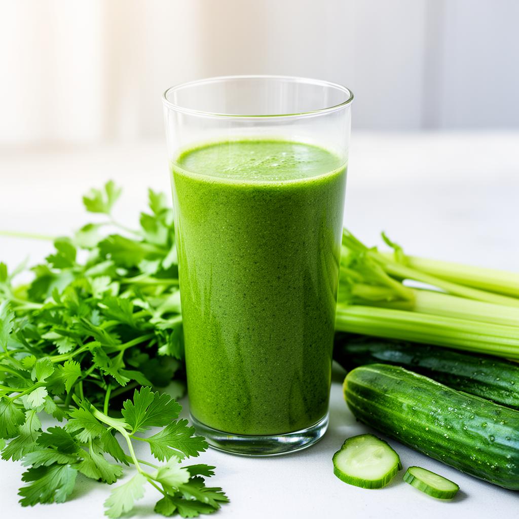 Glass of fresh green vegetable juice with celery, parsley and cucumber