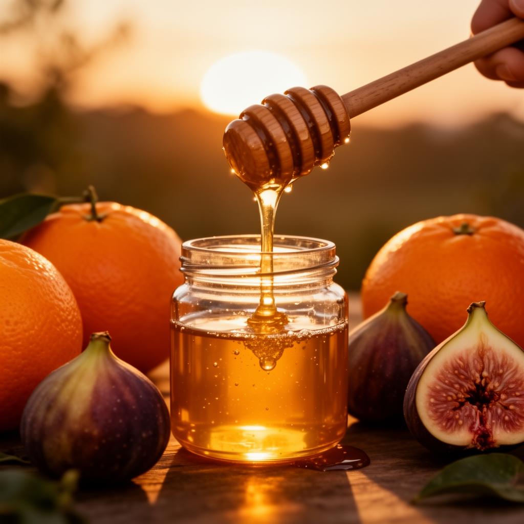 Raw honey dripping from a wooden dipper with oranges and figs at sunset