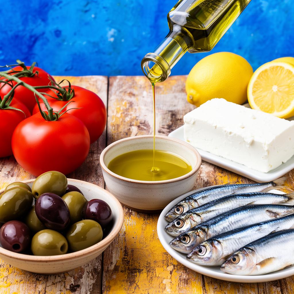 Olive oil, tomatoes, olives, feta and sardines on a wooden Mediterranean table