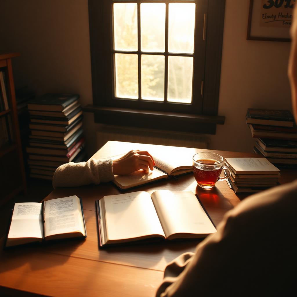 Person studying with books and warm morning light