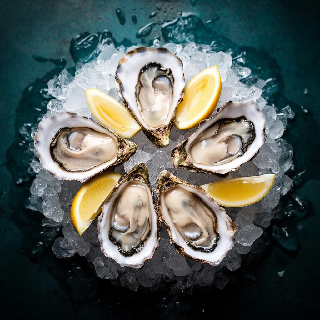 Fresh raw oysters on ice with lemon wedges