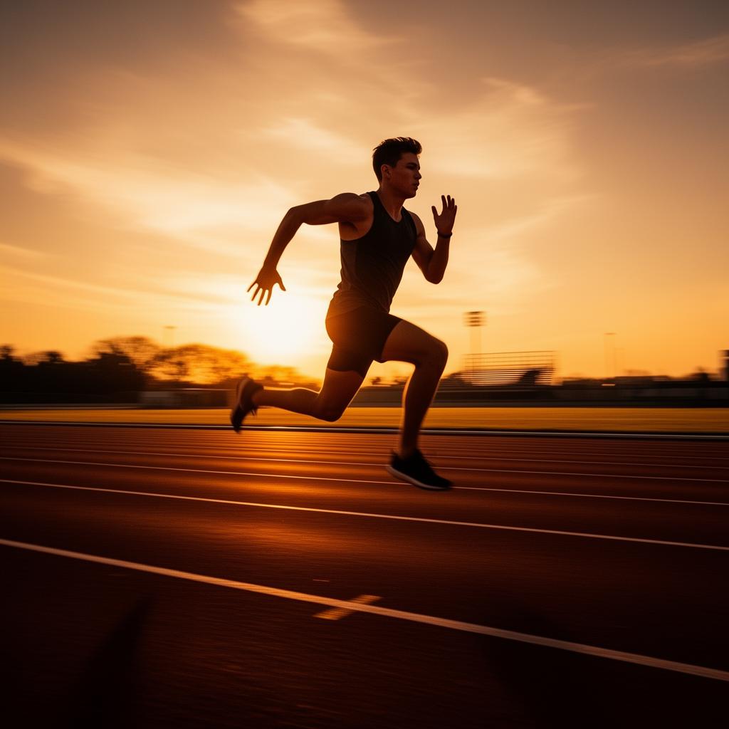 Athlete sprinting on a track at sunrise